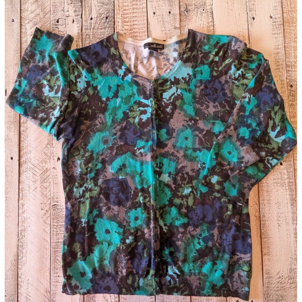 Willi Smith Floral Button Cardigan Sweater XL Green Blue Cotton Nylon Knit